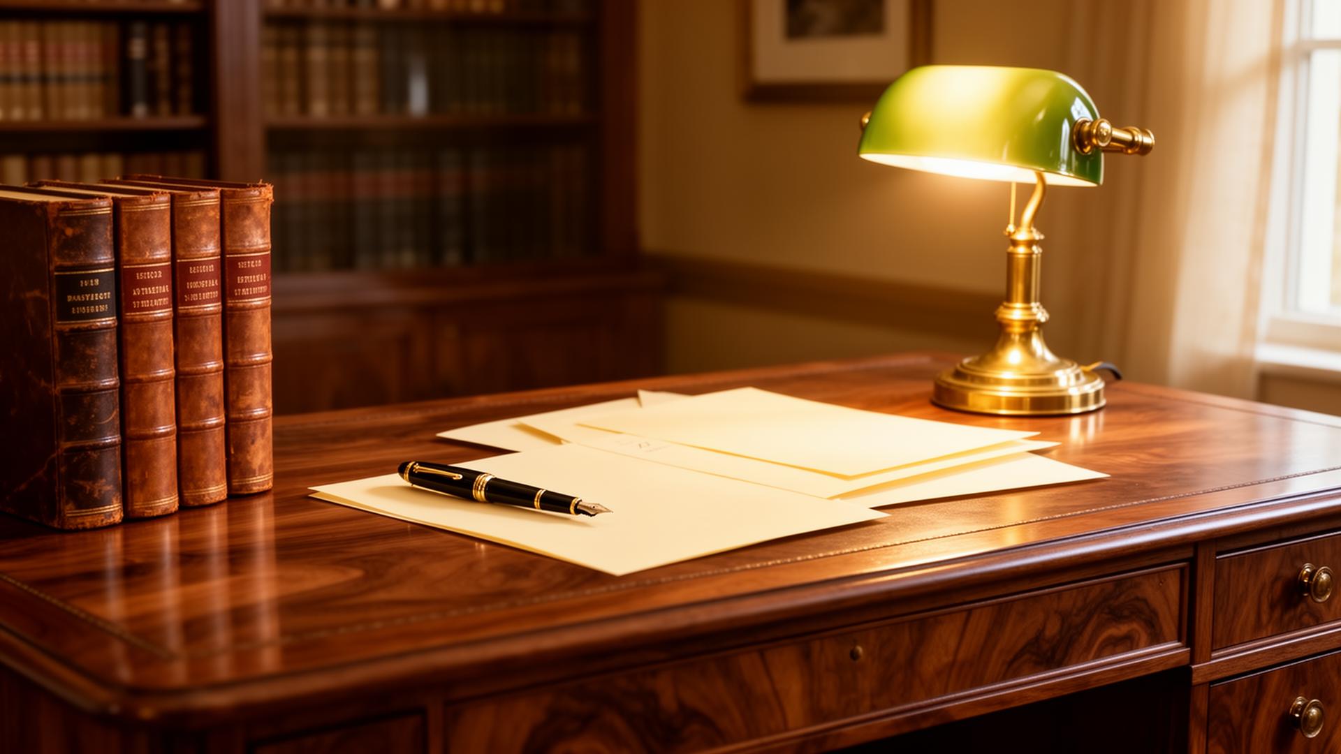 A walnut desk with fountain pen, leather legal volumes and brass banker's lamp