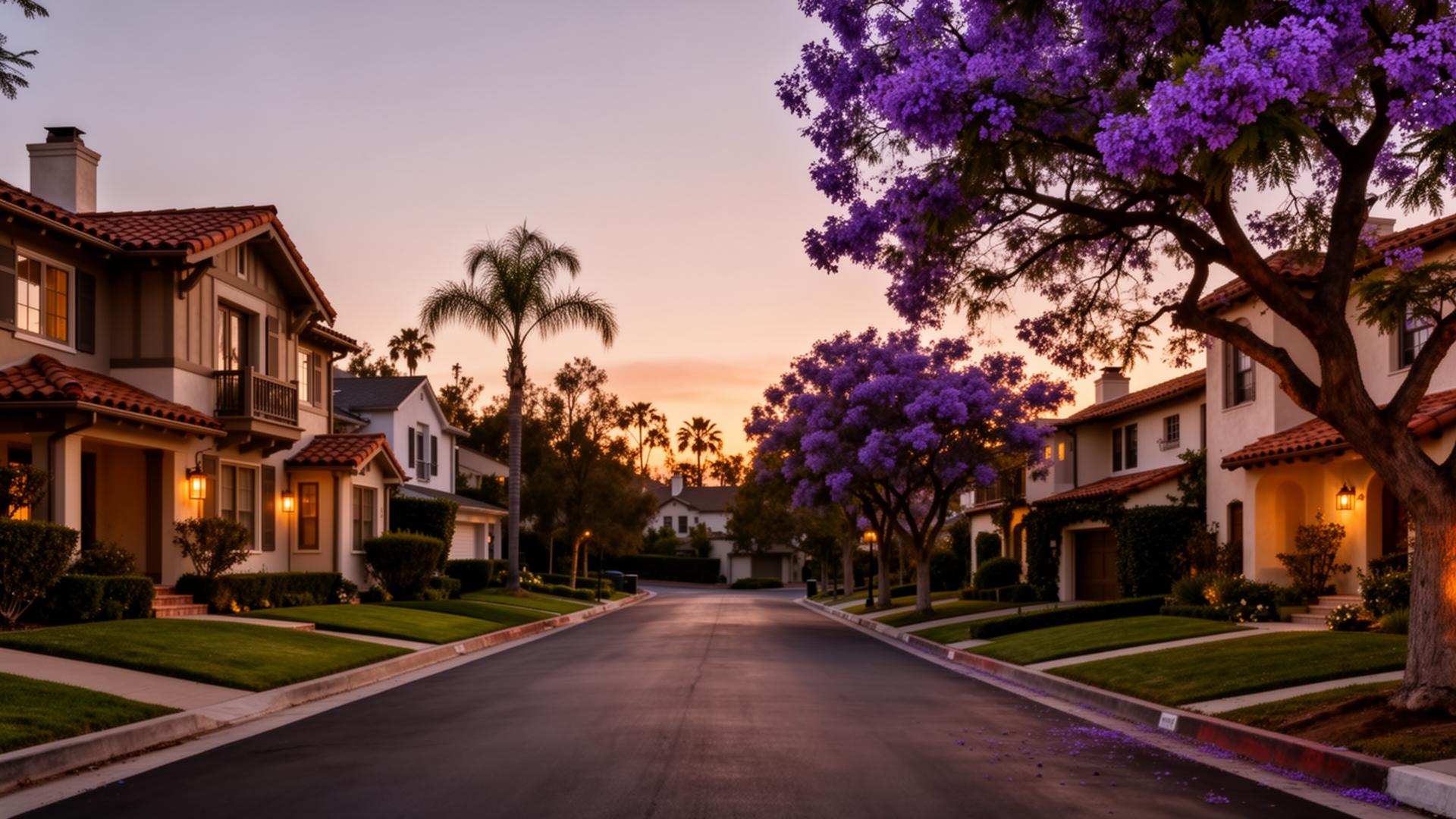 Sherman Oaks residential street at dusk with jacaranda trees